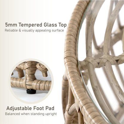 Boho Rattan Round Coffee Table Outdoor with 5mm Tempered Glass Top