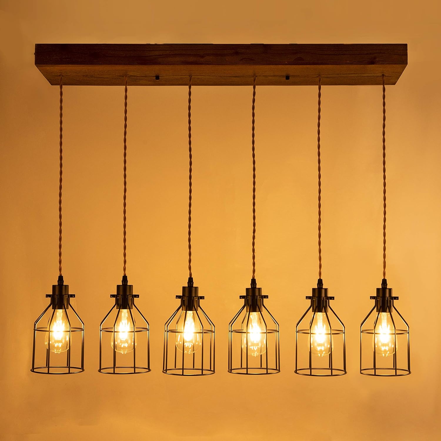 6 Lights Pendant Light for Kitchen Island, Farmhouse Linear Wood Flush Mount Chandelier with Metal Shades