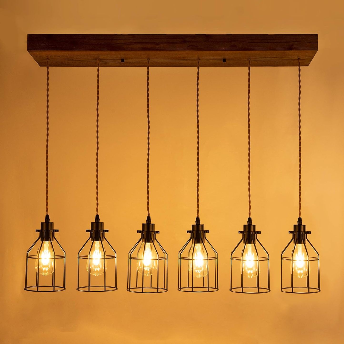 6 Lights Pendant Light for Kitchen Island, Farmhouse Linear Wood Flush Mount Chandelier with Metal Shades