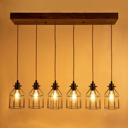 6 Lights Pendant Light for Kitchen Island, Farmhouse Linear Wood Flush Mount Chandelier with Metal Shades