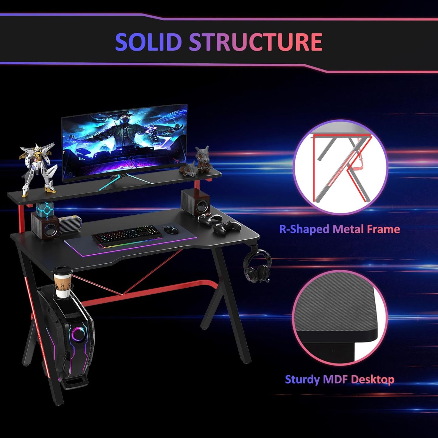 47 Inch Gaming Desk Racing Computer Desk Home Office Workstation with Elevated Monitor Shelf