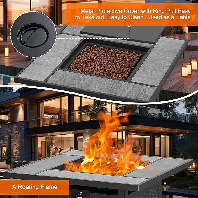 30 inch Propane Fire Pit, Square Gas Fire Pit Table with Grey Ceramic Tile Tabletop and Lid