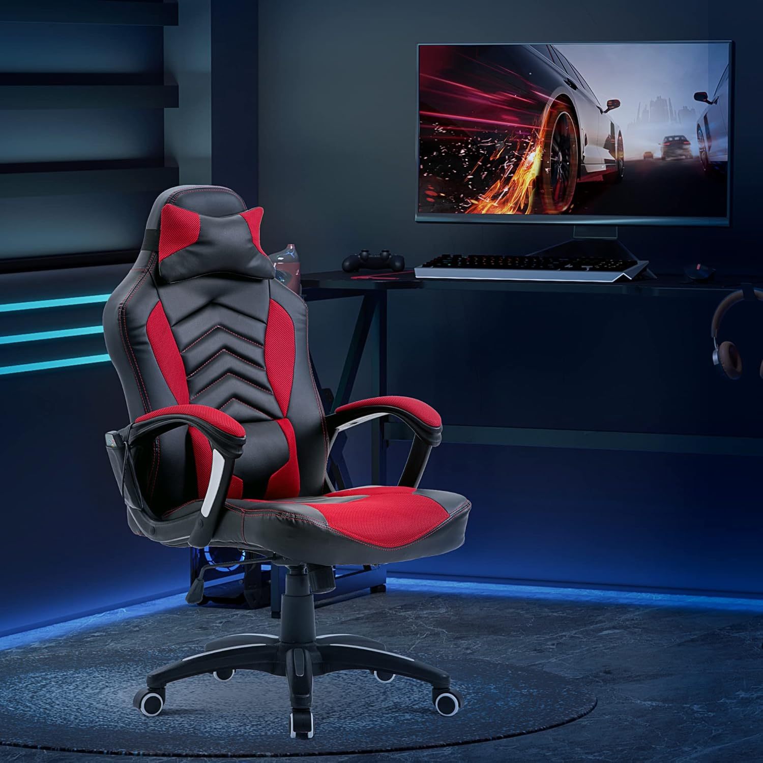 6 Vibrating Point Massage Computer Gaming Chair 5 Modes, Racing Style Heated Desk Chair Swivel Rolling Chair with Headrest