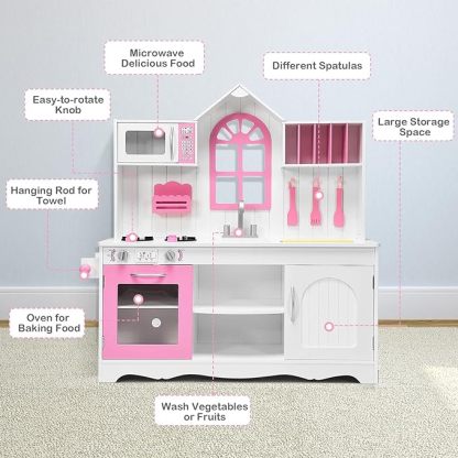 Pink Kids Kitchen Playset, 43 Inch Rooftop Wooden Play Kitchen for Toddlers