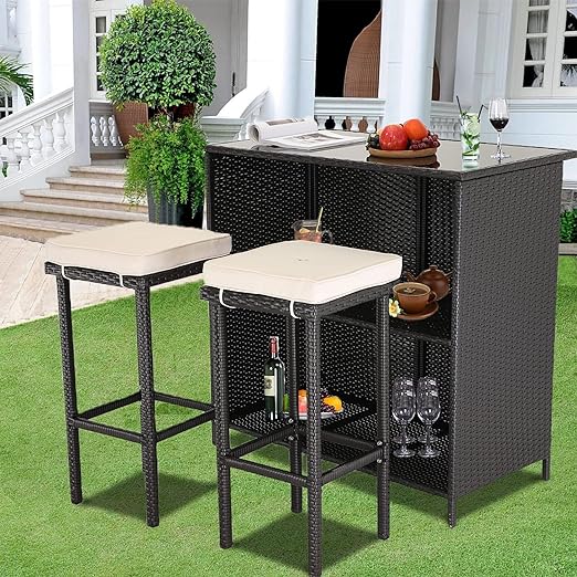 3 Pieces Patio Bar Set with 2 Cushions Outdoor Bar Table Sets with Black Glass Top PE Wicker Rattan Outdoor Furniture Set for Garden, Poolside, Backyards or Lawn