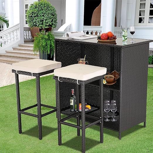 3 Pieces Patio Bar Set with 2 Cushions Outdoor Bar Table Sets with Black Glass Top PE Wicker Rattan Outdoor Furniture Set for Garden, Poolside, Backyards or Lawn