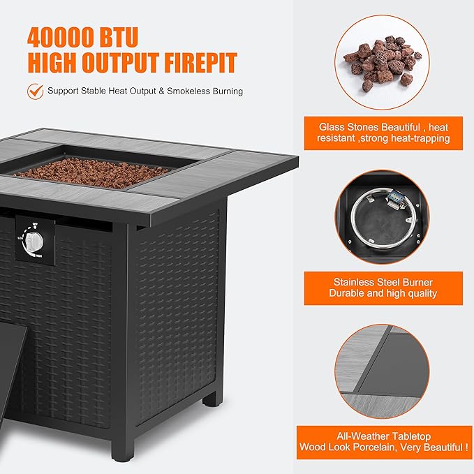 30 inch Propane Fire Pit, Square Gas Fire Pit Table with Grey Ceramic Tile Tabletop and Lid