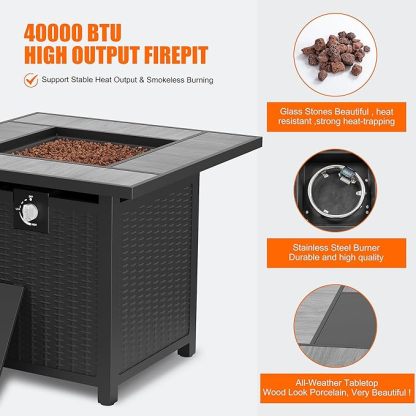 30 inch Propane Fire Pit, Square Gas Fire Pit Table with Grey Ceramic Tile Tabletop and Lid