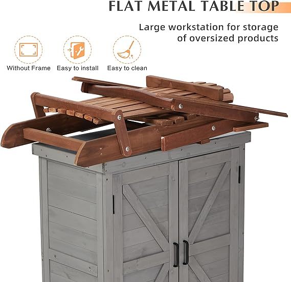 Outdoor Storage Cabinet & Potting Bench Table with Metal Top, Wooden Patio Furniture, Garden Workstation