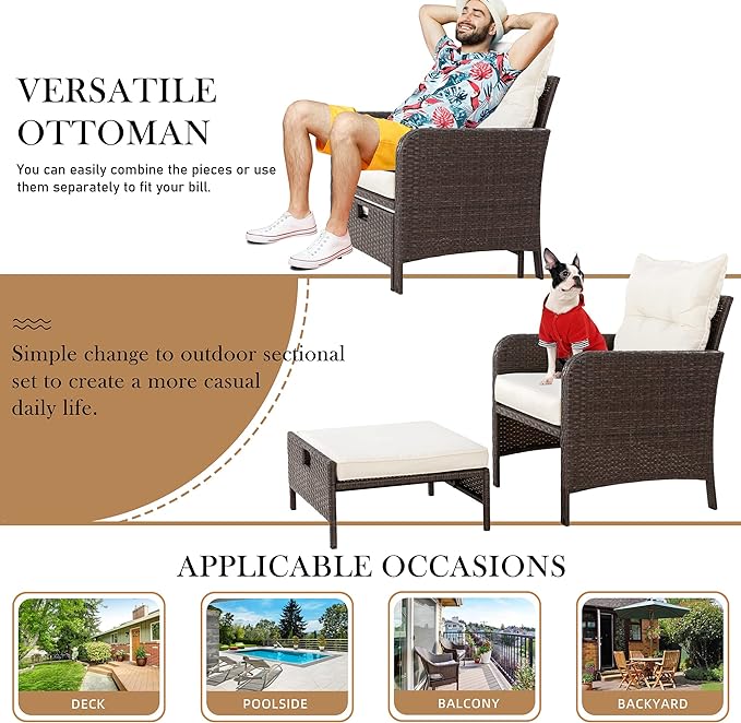 5 Pieces Outdoor Wicker Patio Furniture Set, All Weather PE Rattan Conversation Set