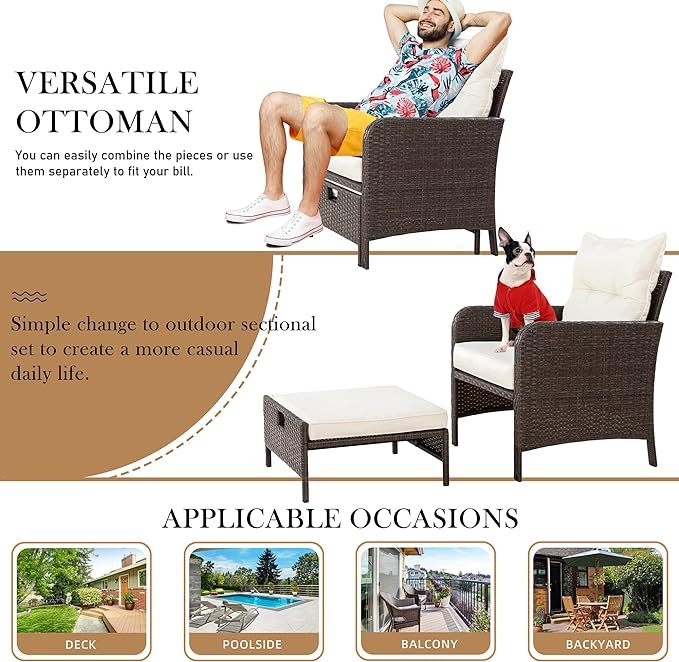 5 Pieces Outdoor Wicker Patio Furniture Set, All Weather PE Rattan Conversation Set