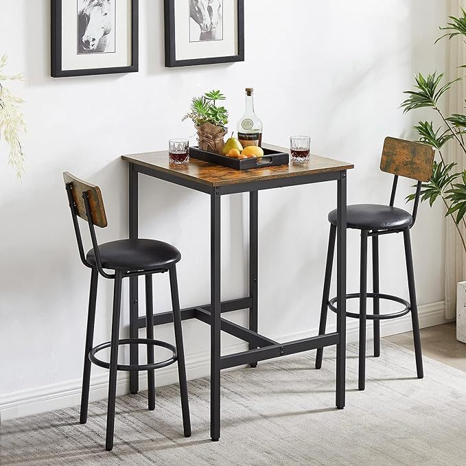 Bar Table and Chairs Set for 2, 3-Piece Small Square Pub Bistro Table and Upholstered Stools with Backrest