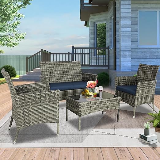 4 Pieces Patio Furniture Sets Outdoor Furniture PE Wicker Patio Set Patio Conversation Set Balcony Furniture with Cushions and Table for Yard,Pool or Backyard (Grey-Blue)