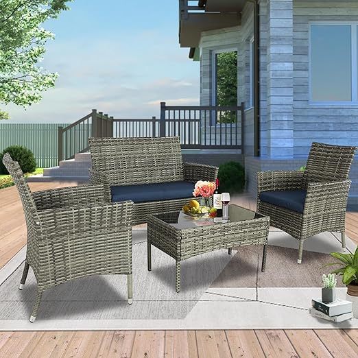 4 Pieces Patio Furniture Sets Outdoor Furniture PE Wicker Patio Set Patio Conversation Set Balcony Furniture with Cushions and Table for Yard,Pool or Backyard (Grey-Blue)