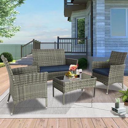 4 Pieces Patio Furniture Sets Outdoor Furniture PE Wicker Patio Set Patio Conversation Set Balcony Furniture with Cushions and Table for Yard,Pool or Backyard (Grey-Blue)