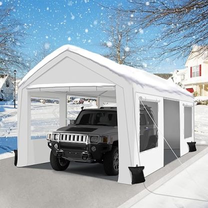 Upgraded 10 x 20Ft Heavy Duty Carport, Portable Garage Shelter with with Roll-up Sidewall and Ventilated Windows, Sand Bags, for Truck, Boat, Car(White)