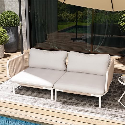 Patio Furniture Set, Outdoor Patio Furniture Oversized Metal Patio Sectional Sofa, 2-Seat Conversation Set with Cushion for Indoor and Outdoor, White Frame & Meige Mat