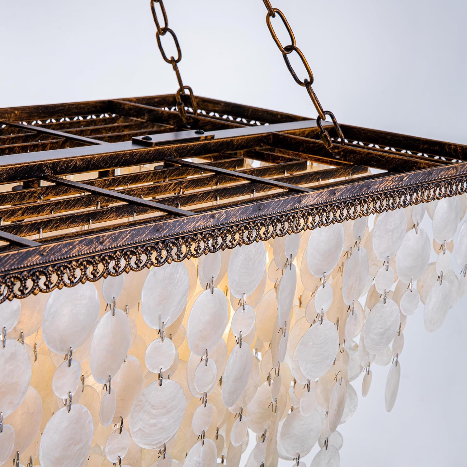 9 Lights Capiz Shell Chandelier for Kitchen Island, Seashell Pendant Light Ceiling Light Fixture, Rectangle Coastal Ceiling Hanging Light