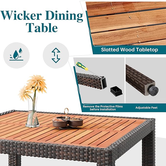 5 Piece Patio Dining Set, Wicker Patio Conversation Set with Wood Table Top