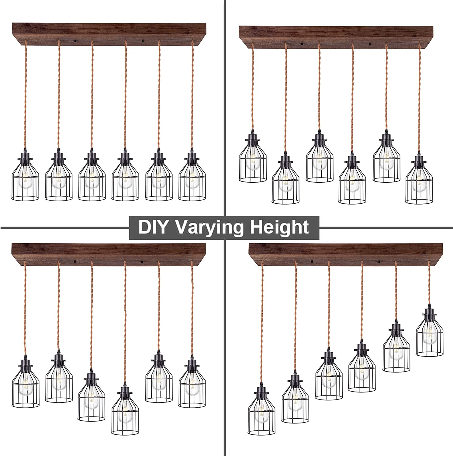 6 Lights Pendant Light for Kitchen Island, Farmhouse Linear Wood Flush Mount Chandelier with Metal Shades