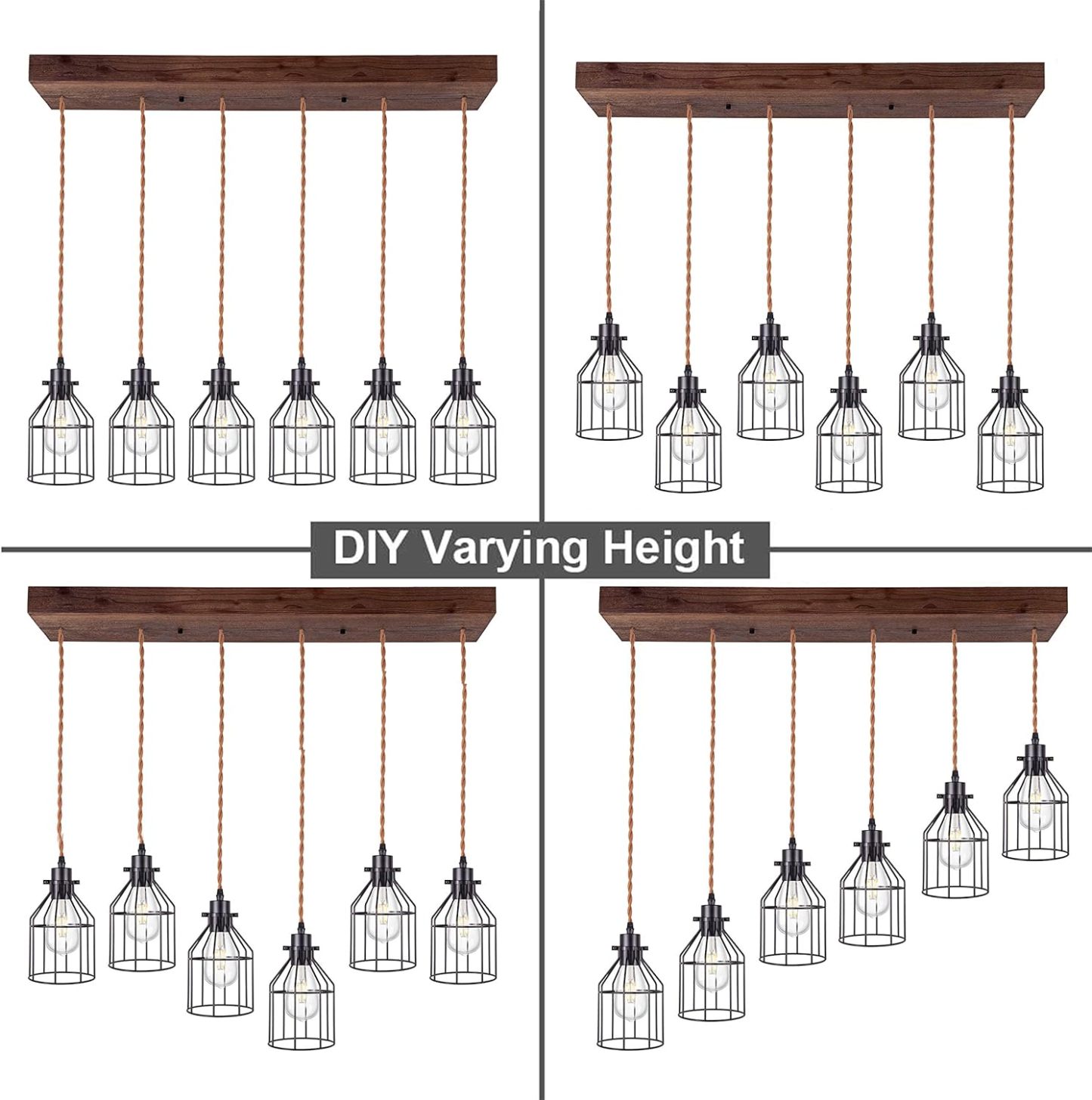6 Lights Pendant Light for Kitchen Island, Farmhouse Linear Wood Flush Mount Chandelier with Metal Shades