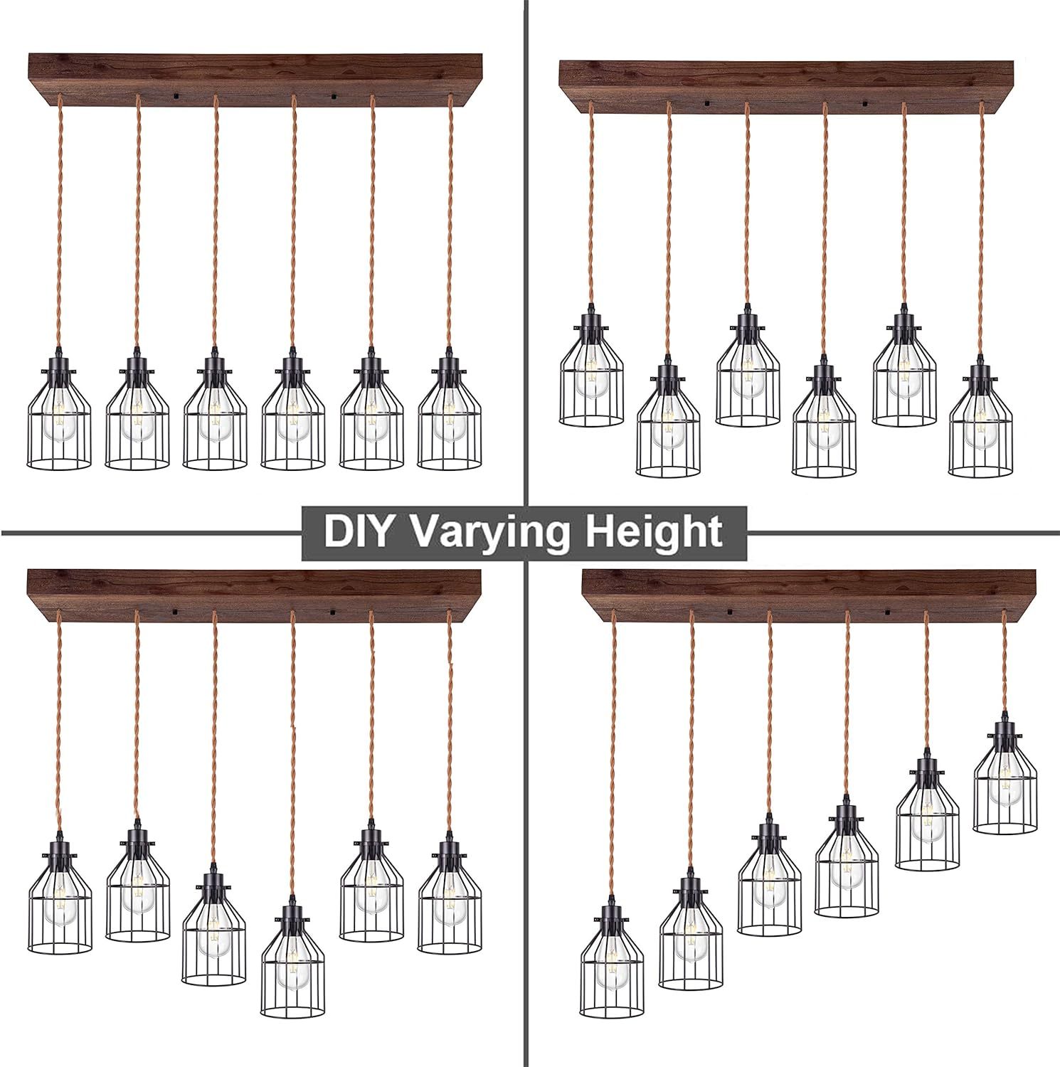 6 Lights Pendant Light for Kitchen Island, Farmhouse Linear Wood Flush Mount Chandelier with Metal Shades