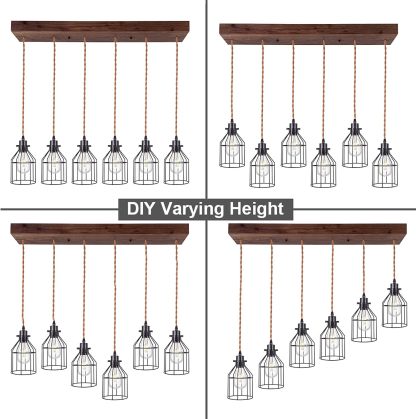 6 Lights Pendant Light for Kitchen Island, Farmhouse Linear Wood Flush Mount Chandelier with Metal Shades