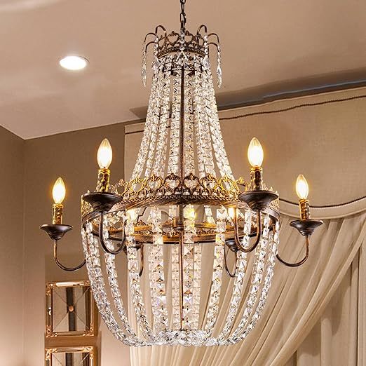 French Empire Crystal Chandelier, 6-Light Farmhouse Antique Bronze Chandelier, Hanging Ceiling Mount Light Fixture for Dining Living Room, Bedroom, Bathroom, Kitchen Island, Hallway, 31.5" W
