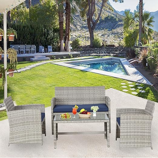 4 Pieces Patio Furniture Sets Outdoor Sectional Wicker Set Outdoor Conversation Set Patio Set Patio Loveseats with Coffee Table Porch, Poolside, Terrace, and Yard (Grey-Dark Blue)
