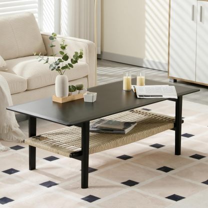 Black Coffee Table with Storage Shelf for Living Room Mid Century Sofa Tables