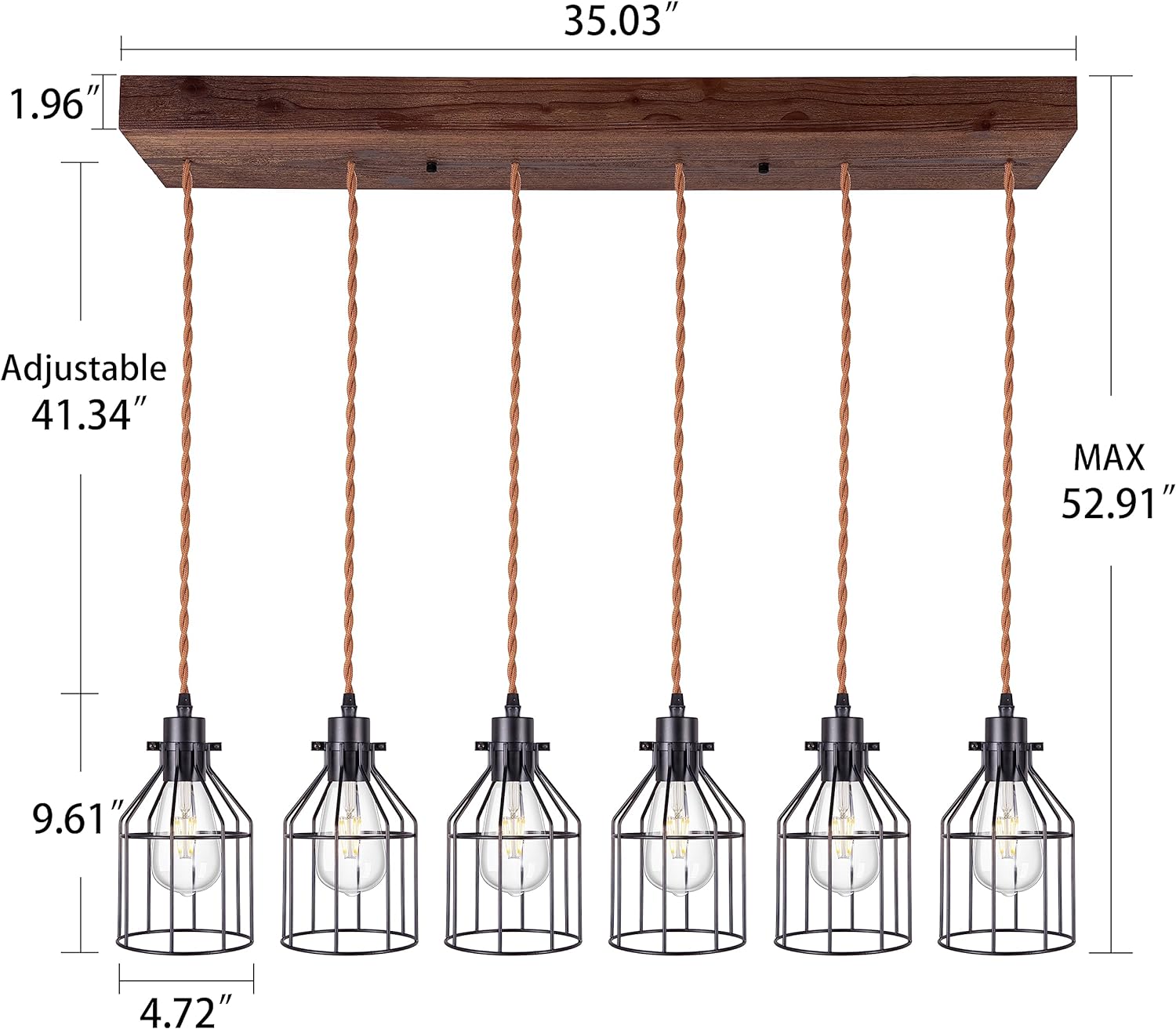 6 Lights Pendant Light for Kitchen Island, Farmhouse Linear Wood Flush Mount Chandelier with Metal Shades
