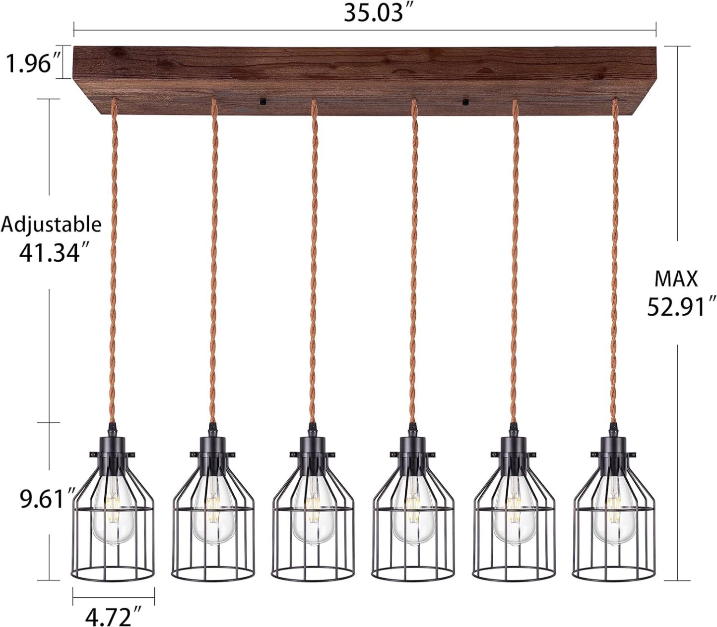 6 Lights Pendant Light for Kitchen Island, Farmhouse Linear Wood Flush Mount Chandelier with Metal Shades