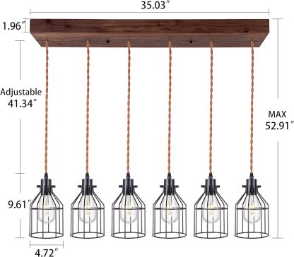 6 Lights Pendant Light for Kitchen Island, Farmhouse Linear Wood Flush Mount Chandelier with Metal Shades