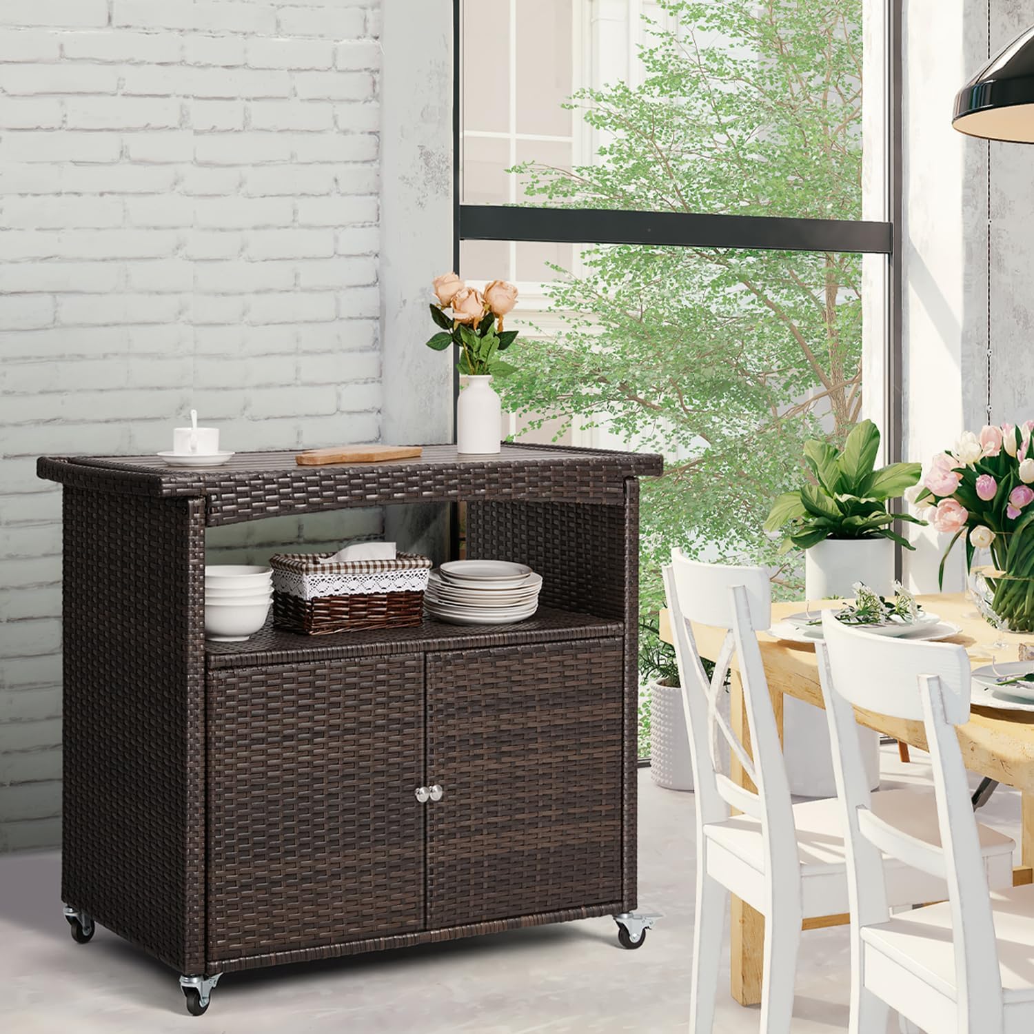Outdoor Storage Cabinet,Outdoor Cabinet for Patio Bar Cart with Rolling Wheels