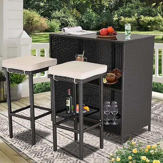 3 Pieces Patio Bar Set with 2 Cushions Outdoor Bar Table Sets with Black Glass Top PE Wicker Rattan Outdoor Furniture Set for Garden, Poolside, Backyards or Lawn