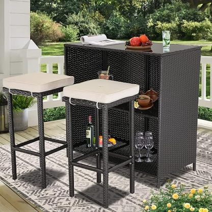 3 Pieces Patio Bar Set with 2 Cushions Outdoor Bar Table Sets with Black Glass Top PE Wicker Rattan Outdoor Furniture Set for Garden, Poolside, Backyards or Lawn