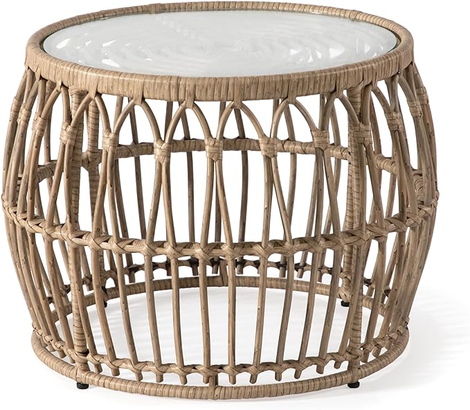 Boho Rattan Round Coffee Table Outdoor with 5mm Tempered Glass Top
