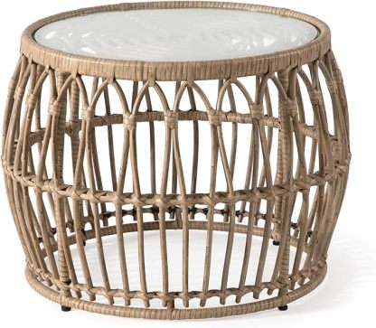 Boho Rattan Round Coffee Table Outdoor with 5mm Tempered Glass Top