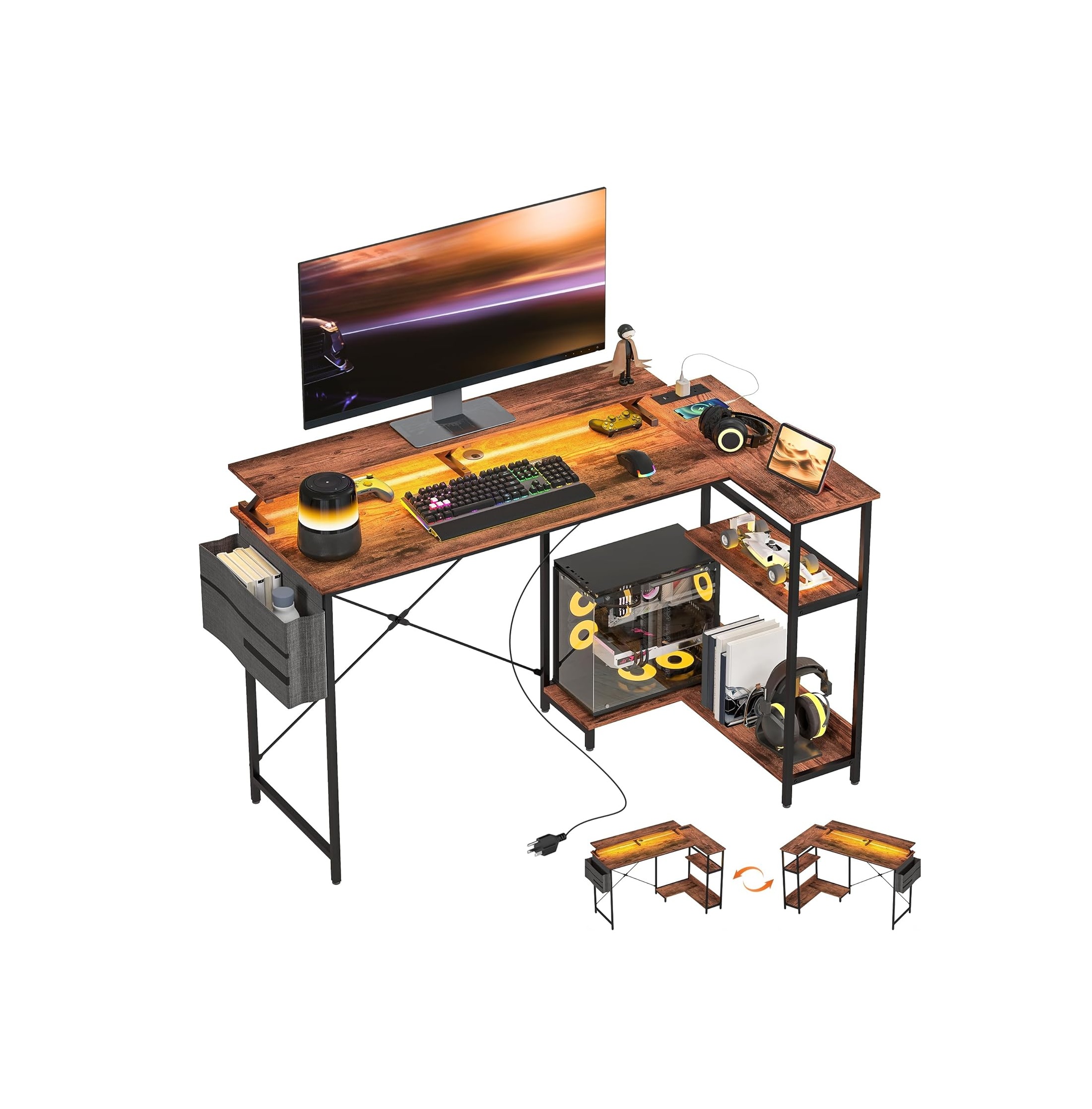 58" L Shaped Gaming Desk with Power Outlets and LED Lights, Reversible Computer Desk with Monitor Stand