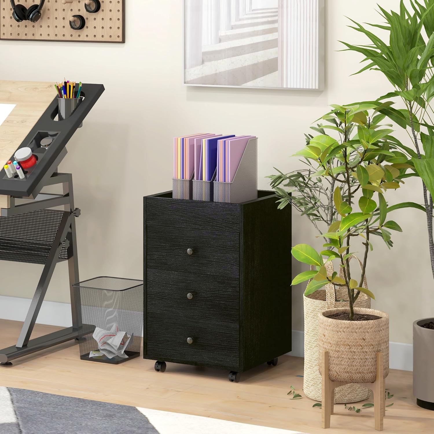 3 Drawer Home Office Storage Cabinet, Office Drawer on Wheels with Removable Tray