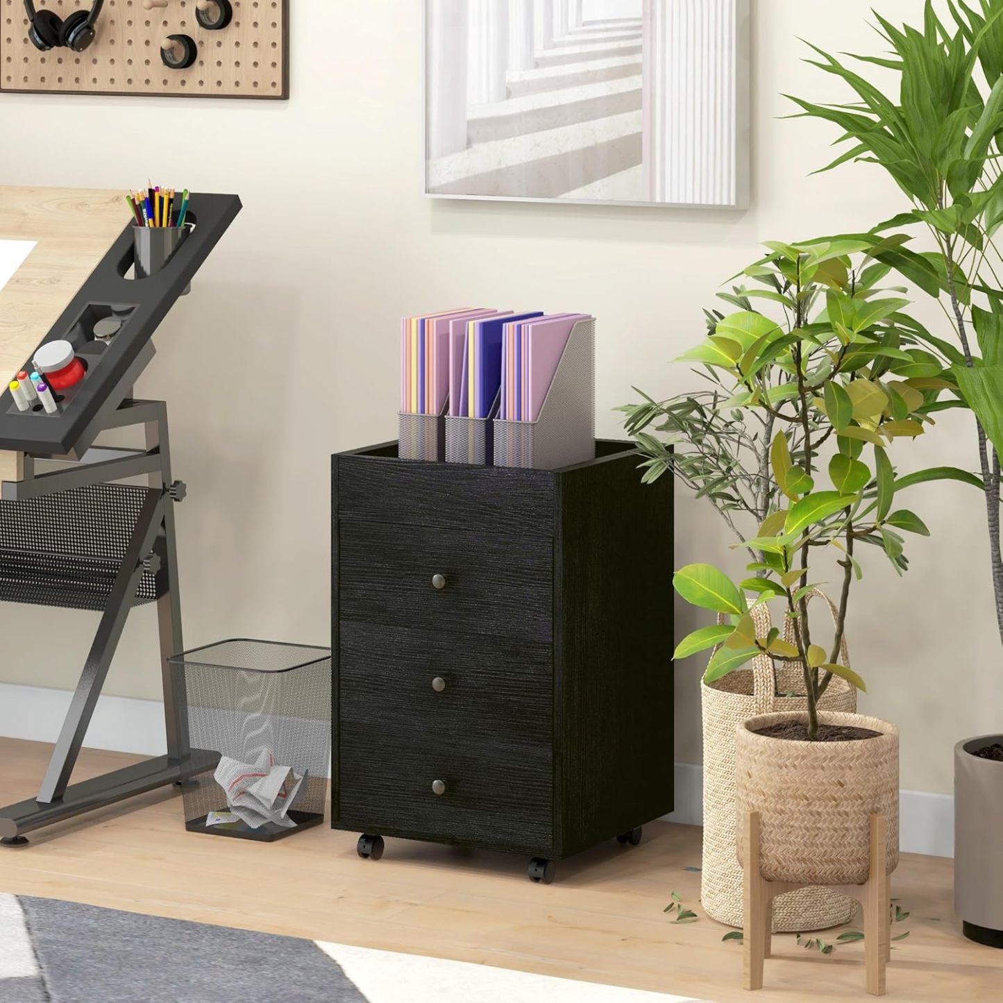 3 Drawer Home Office Storage Cabinet, Office Drawer on Wheels with Removable Tray