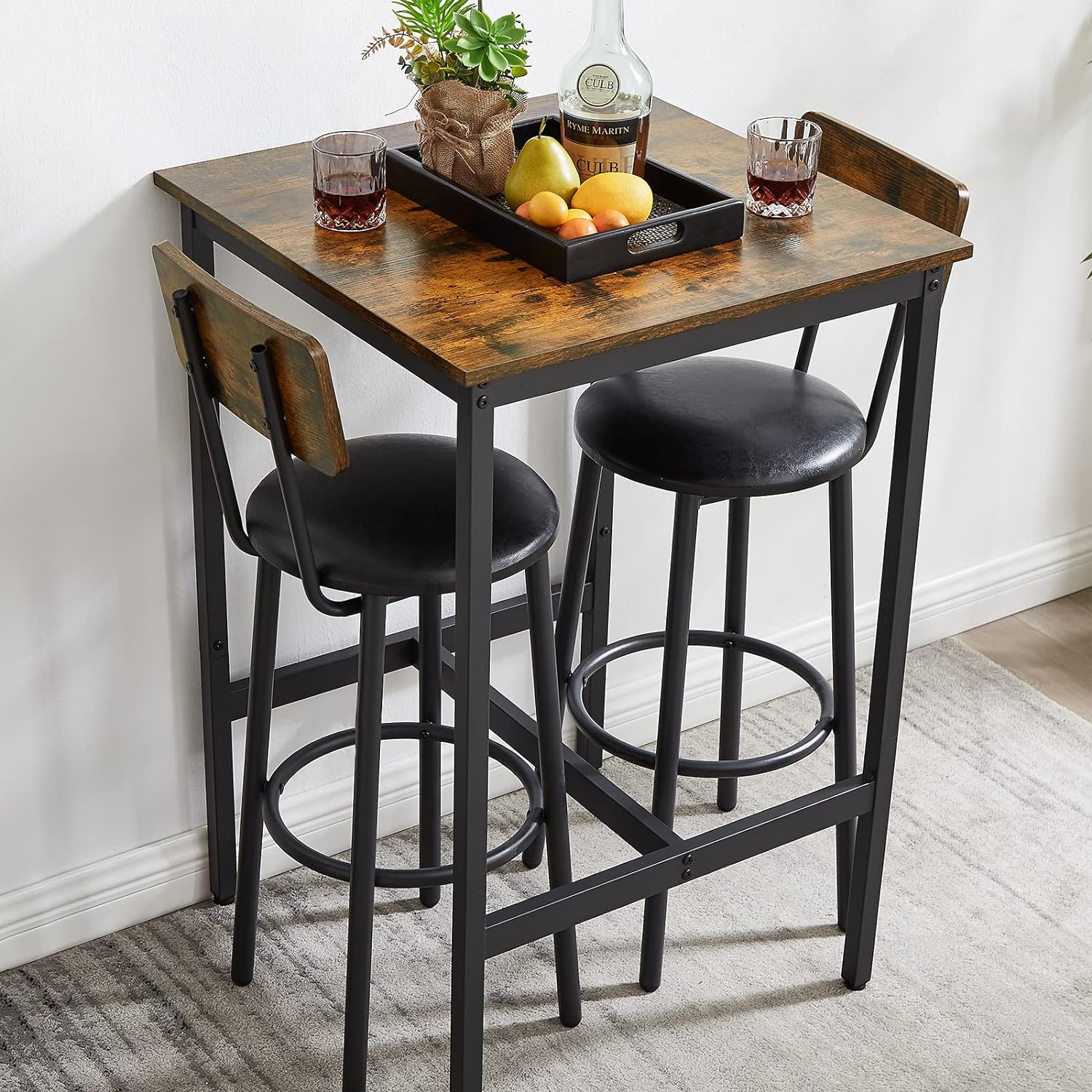 Bar Table and Chairs Set for 2, 3-Piece Small Square Pub Bistro Table and Upholstered Stools with Backrest