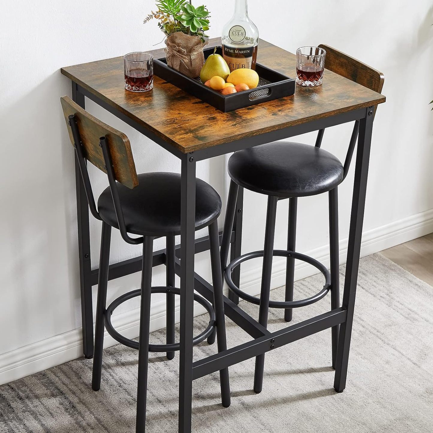 Bar Table and Chairs Set for 2, 3-Piece Small Square Pub Bistro Table and Upholstered Stools with Backrest