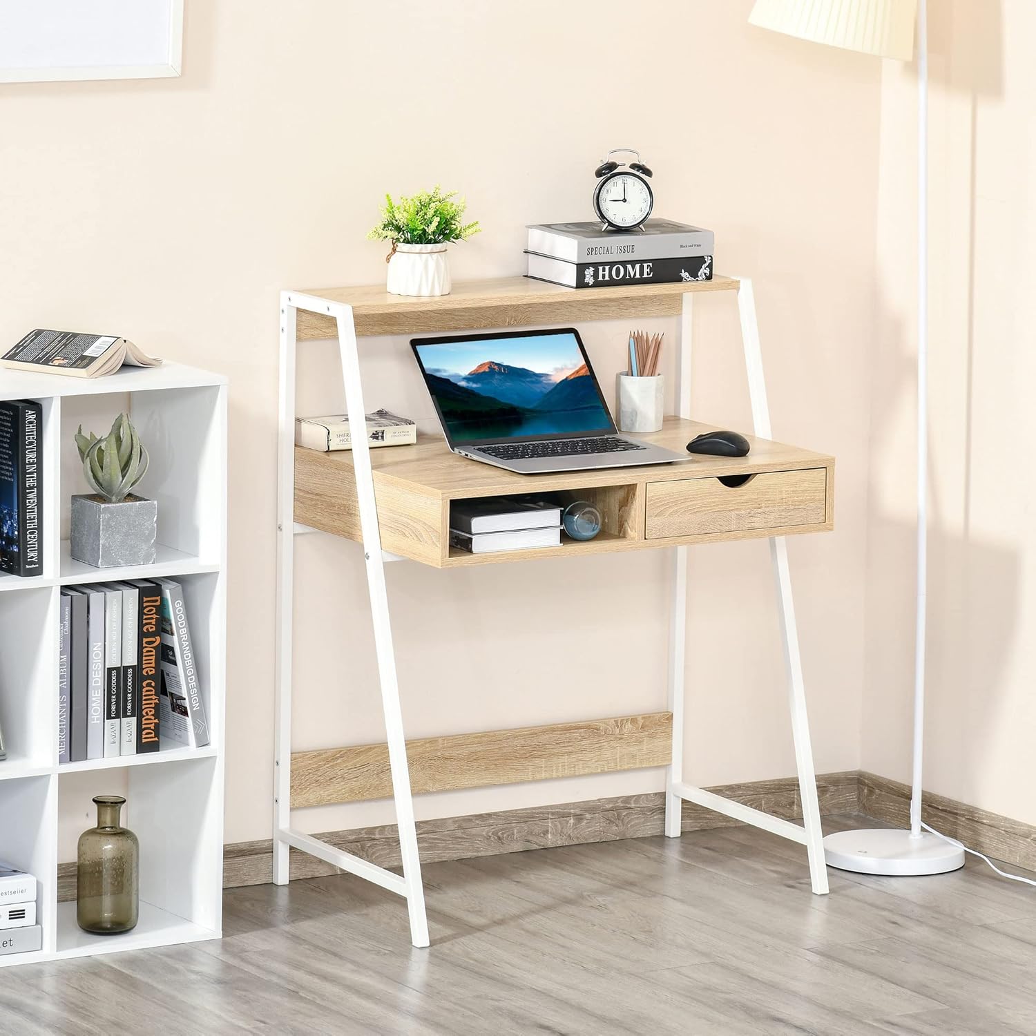 Computer Desk with A Frame for Small Spaces, Writing Table with Drawer and Storage Shelves