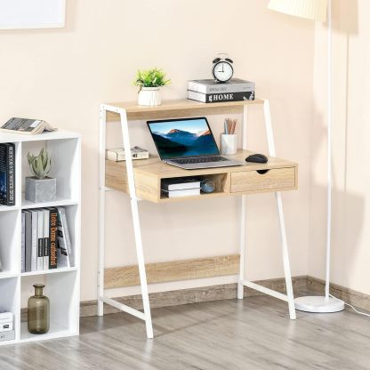 Computer Desk with A Frame for Small Spaces, Writing Table with Drawer and Storage Shelves