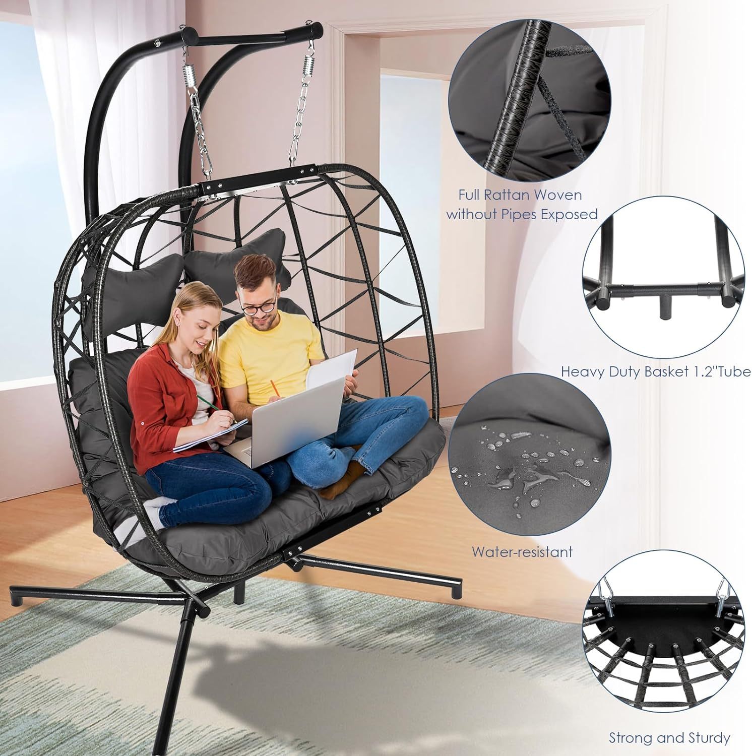 Double Egg Chair with Stand Wicker Swing Chair for 2 Person, Rattan Wicker Hanging Egg Chair