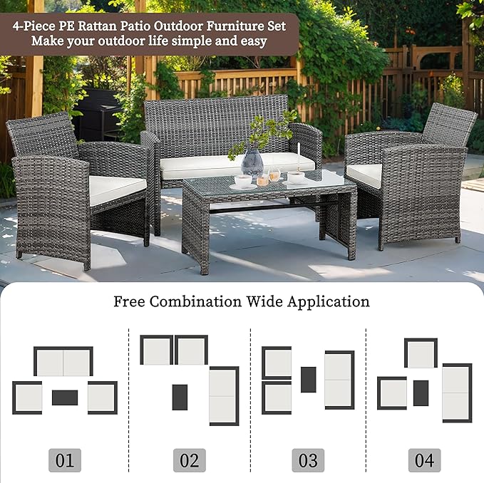 Outdoor Wicker Patio Conversation Furniture Set with Cushions and Tempered Glass Tabletop
