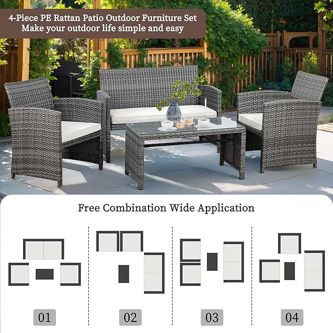 Outdoor Wicker Patio Conversation Furniture Set with Cushions and Tempered Glass Tabletop
