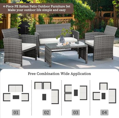 Outdoor Wicker Patio Conversation Furniture Set with Cushions and Tempered Glass Tabletop