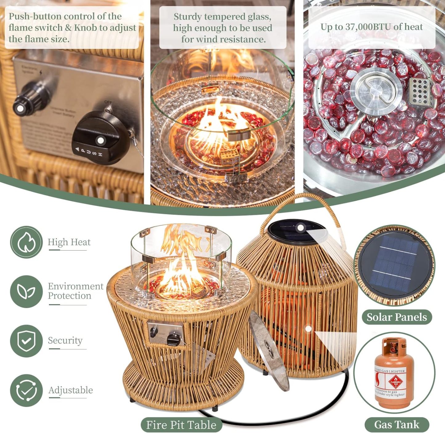 21'' Round Propane Natural Gas Fire Pit Espresso PE Wicker Fire Pit for Outdoor